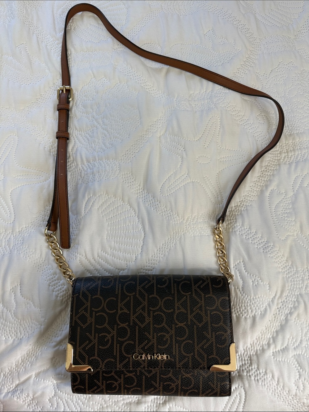 Calvin Klein Dark Brown Monogram Crossbody with Tan Strap & Gold Hardware